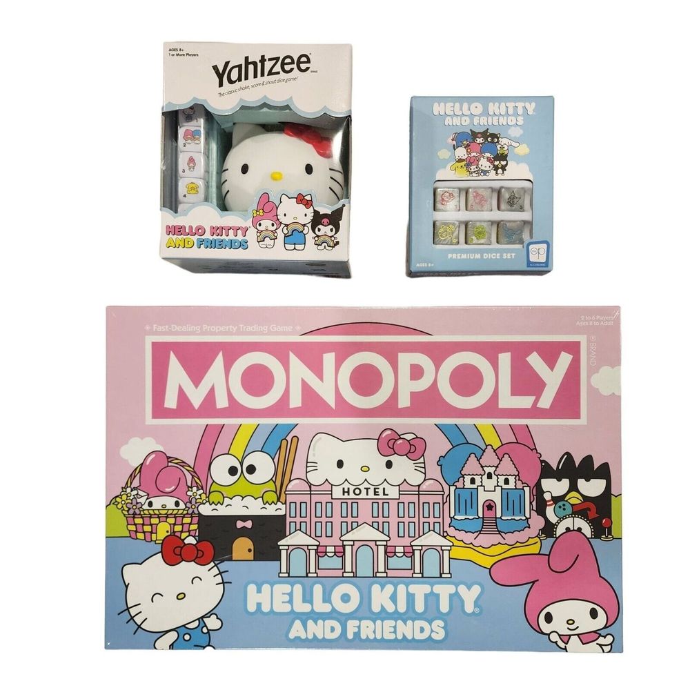 Hasbro Hello Kitty Game Bundle Monopoly Yahtzee and Premium Dice with Tin NWT
